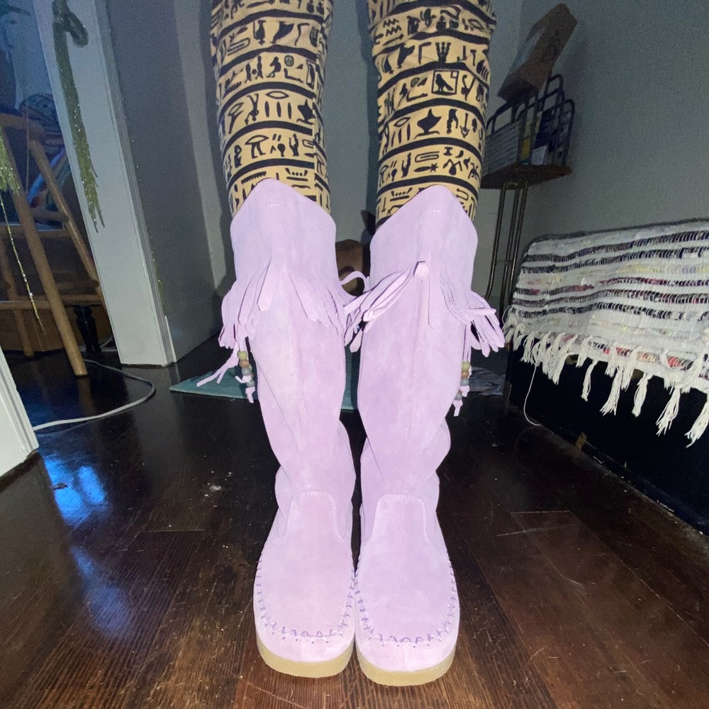 Boho Lilac Fringe Suede Moccasin Mid-calf Boots